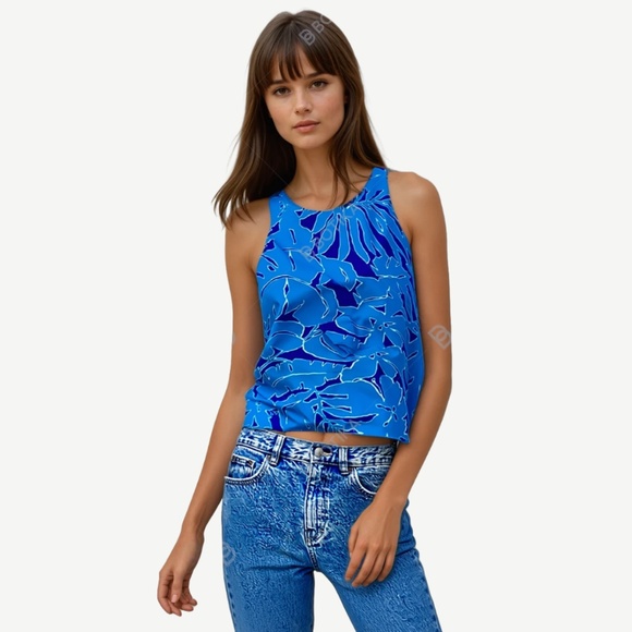 Ralph Lauren Rayon Crop Top Halter High Neck Sleeveless Short Cropped Turquoise - Picture 1 of 12